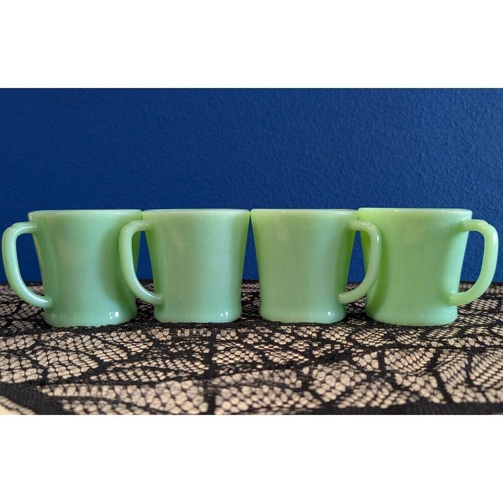 Fire King Jadeite D Handle Coffee Cups Oven Ware Set of 4 MCM USA 1950s Vintage